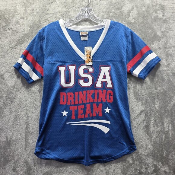 Spencers USA Drinking Team Shirt Womens Medium Jersey Mesh Patriotic Fun Top - Picture 1 of 10